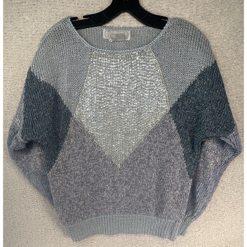 Vintage Nannell Linen Sweater Womens L Ice Blue Sequin Metallic 80s Glam EUC